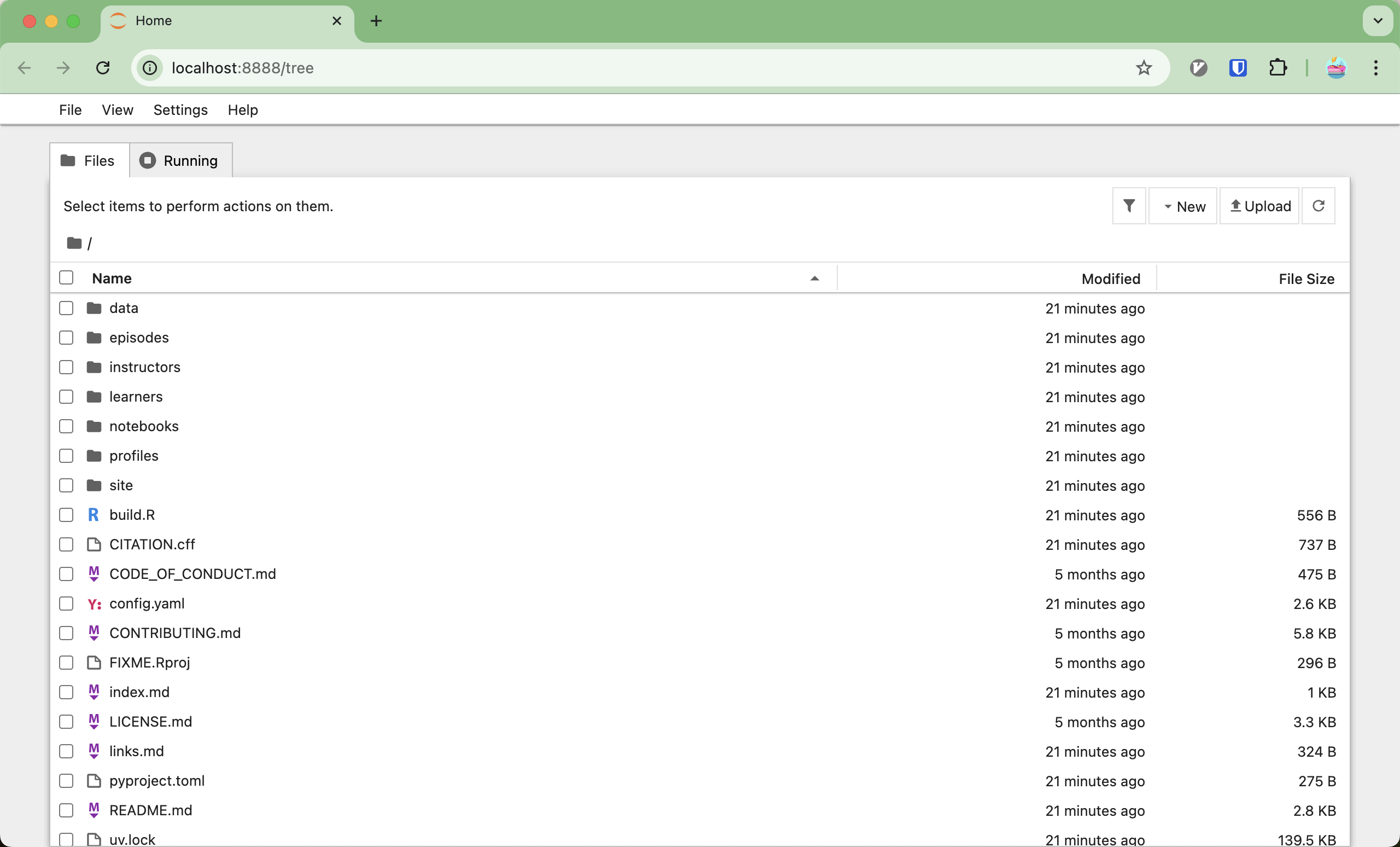 A directory listing, showing the contents of the course repository.
